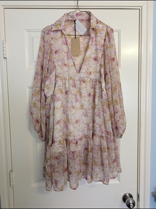 Dresses & Skirts - Floral V-Neck Babydoll Tunic Dress - Pink & Gold Floral